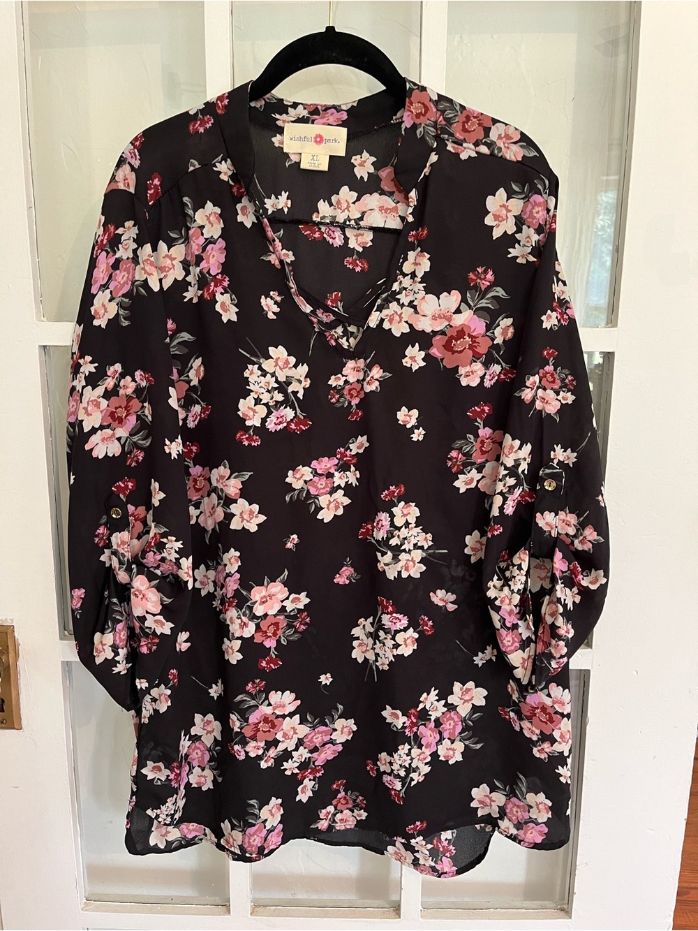 Wishful Park Black Floral V-Neck Tunic with Pink Blossoms